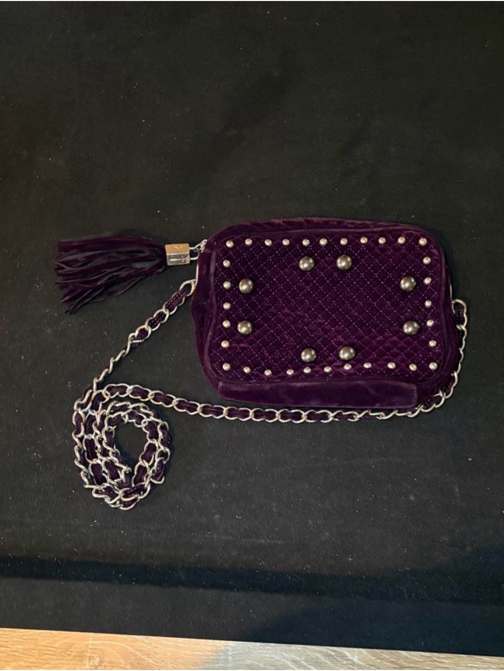 Quilted Velvet Crossbody Bag with Tassel and Stud Detail - Deep Purple
